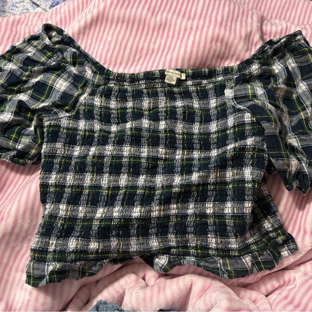 American Eagle Outfitters Navy Plaid Off-Shoulder Top